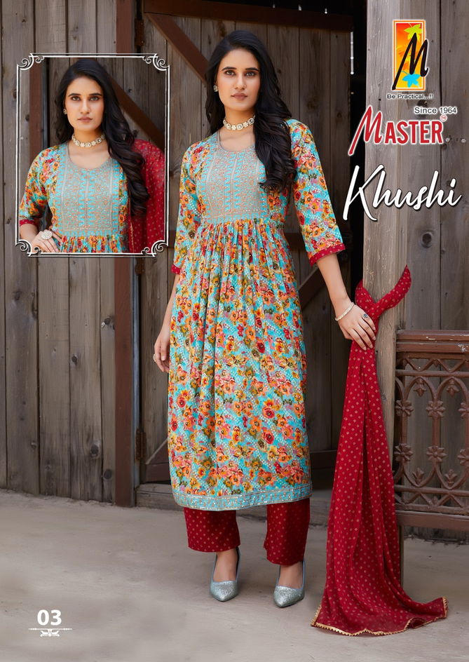 Khushi By Master Naira Cut Rayon Printed Kurti With Bottom Dupatta Wholesalers In Delhi
